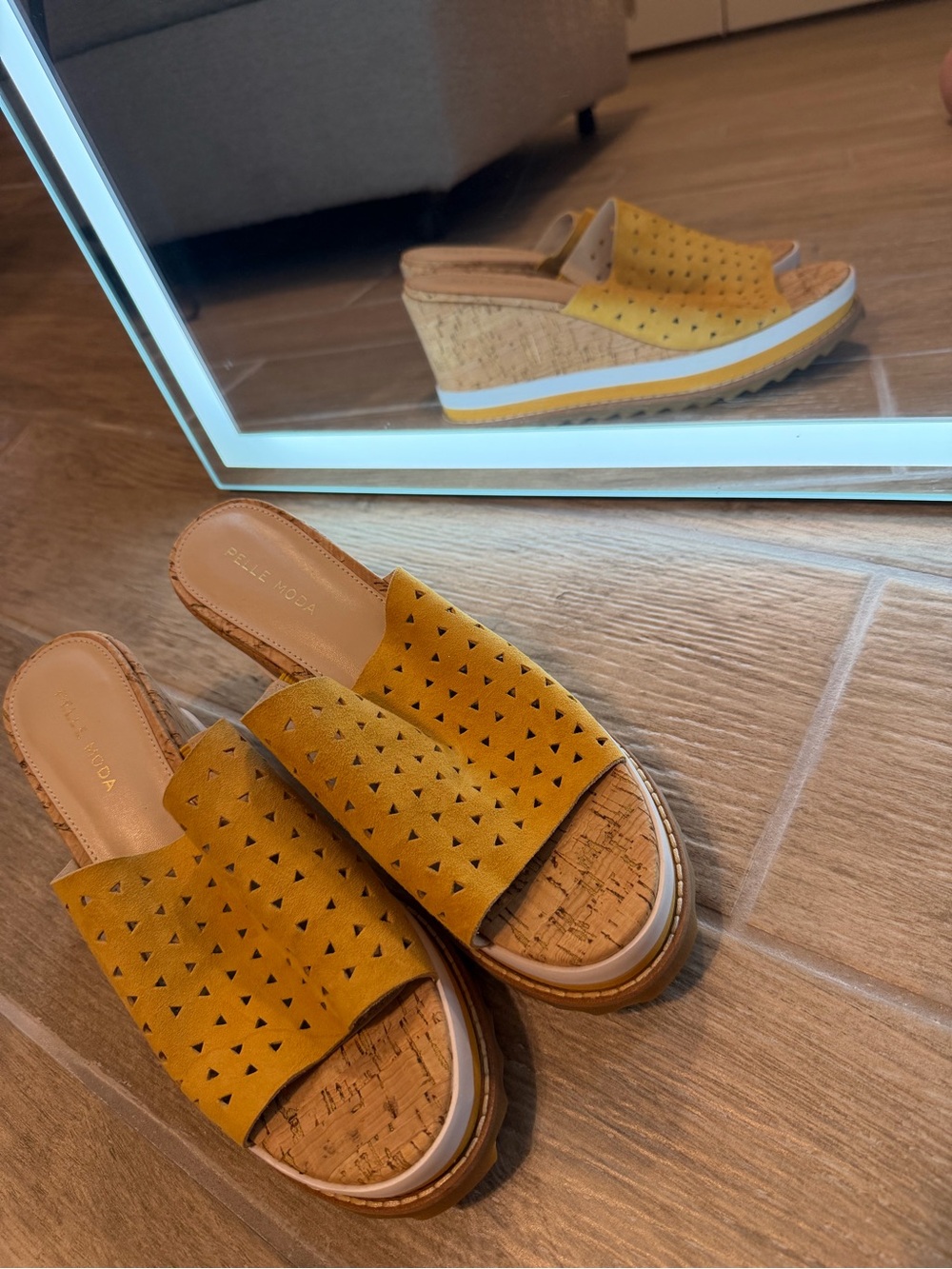 Pelle Moda Mustard Yellow Perforated Wedge Slide - Picture 5 of 5